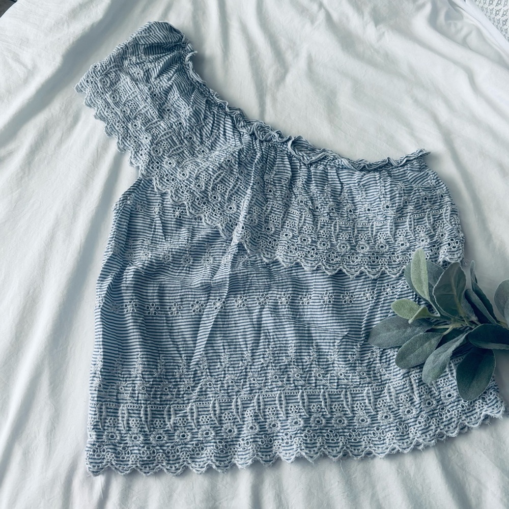 American Eagle Outfitters Blue Asymmetrical Ruffled Blouse